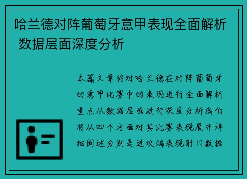 哈兰德对阵葡萄牙意甲表现全面解析 数据层面深度分析