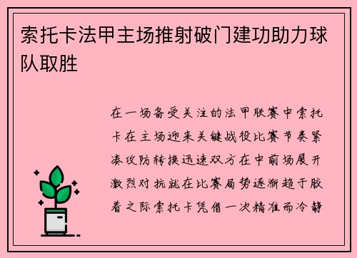 索托卡法甲主场推射破门建功助力球队取胜
